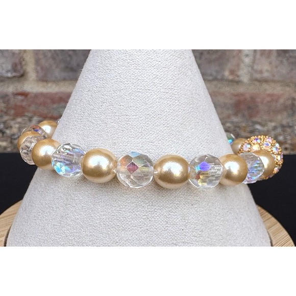 VTG Joan Rivers Stretch Bracelet Aurora Borealis Crystals Faux Pearls 7.75" - Picture 3 of 8